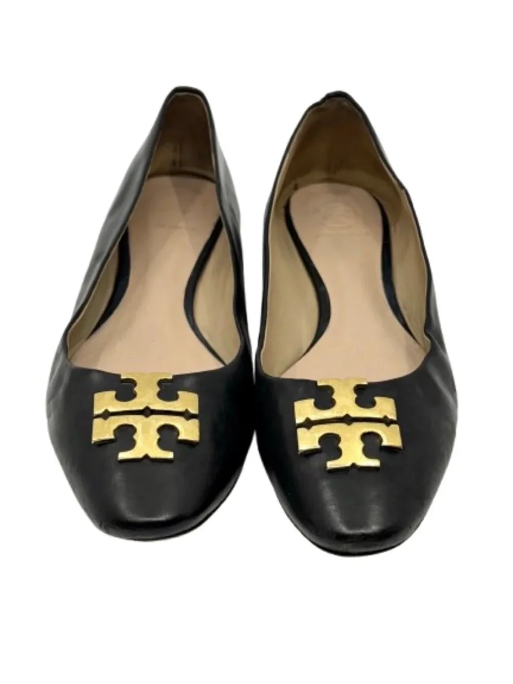 TORY BURCH~Raleigh~BLACK LEATHER BALLET FLATS SHOES GOLD LOGO Size 9M